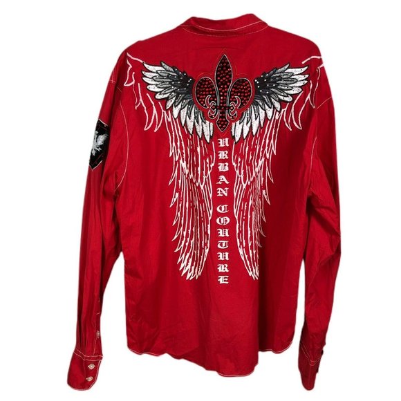 Victorious Men's Size 2XL Red Long Sleeve Embellished Wings Button Shirt Fleur - Picture 3 of 11